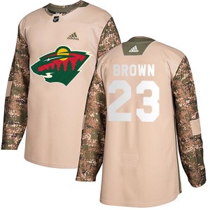 Minnesota Wild J.T. Brown Official Brown Adidas Authentic Youth Camo Veterans Day Practice NHL Hockey Jersey