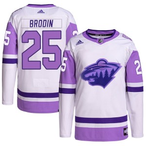 Minnesota Wild Jonas Brodin Official White/Purple Adidas Authentic Adult Hockey Fights Cancer Primegreen NHL Hockey Jersey