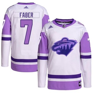 Minnesota Wild Brock Faber Official White/Purple Adidas Authentic Adult Hockey Fights Cancer Primegreen NHL Hockey Jersey