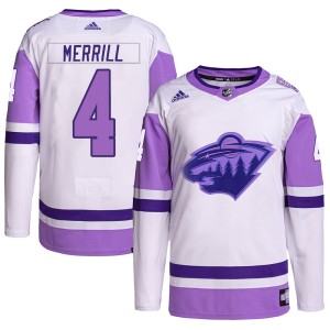 Minnesota Wild Jon Merrill Official White/Purple Adidas Authentic Adult Hockey Fights Cancer Primegreen NHL Hockey Jersey