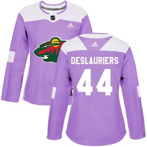 Minnesota Wild Nicolas Deslauriers Official Purple Adidas Authentic Women's Fights Cancer Practice NHL Hockey Jersey