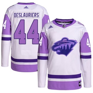 Minnesota Wild Nicolas Deslauriers Official White/Purple Adidas Authentic Youth Hockey Fights Cancer Primegreen NHL Hockey Jersey