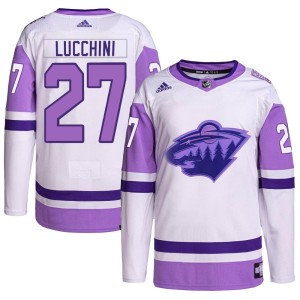Minnesota Wild Jacob Lucchini Official White/Purple Adidas Authentic Youth Hockey Fights Cancer Primegreen NHL Hockey Jersey