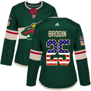 Minnesota Wild Jonas Brodin Official Green Adidas Authentic Women's USA Flag Fashion NHL Hockey Jersey