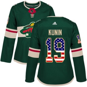 Minnesota Wild Luke Kunin Official Green Adidas Authentic Women's USA Flag Fashion NHL Hockey Jersey